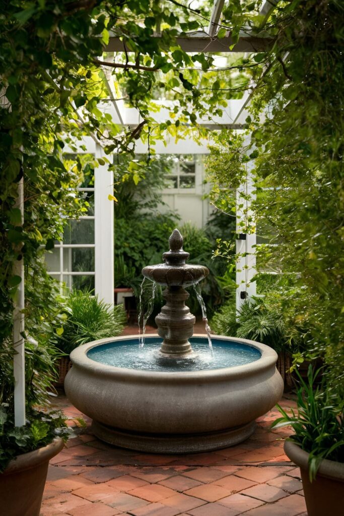 Small tranquil garden fountain with flowing water, surrounded by lush greenery, serving as a focal point in a beautifully designed patio