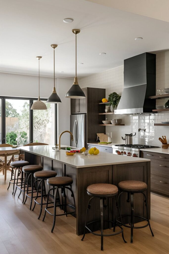 Social kitchen space with a double-sided island featuring stools on both sides for dining and entertaining