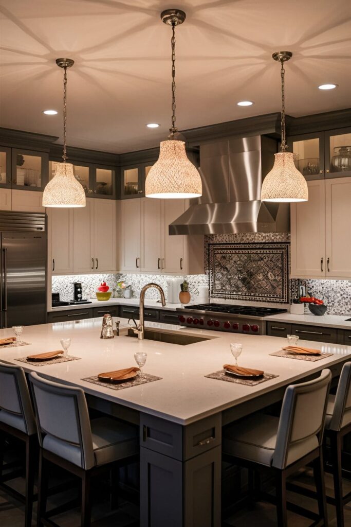 Sophisticated kitchen island illuminated by elegant pendant lights, creating a warm and inviting atmosphere