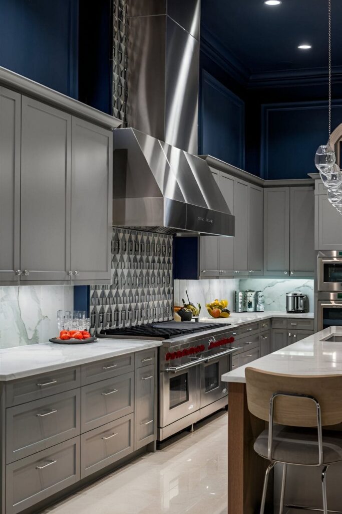 Sophisticated kitchen with grey cabinets and deep navy blue walls creating a dramatic contrast