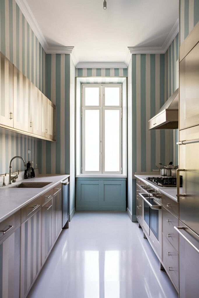 Sophisticated kitchen with vertical stripes in complementary colors on the walls making the room appear taller