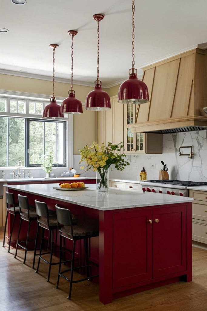 Spacious kitchen with a large red kitchen island, white marble countertops, and pendant lighting