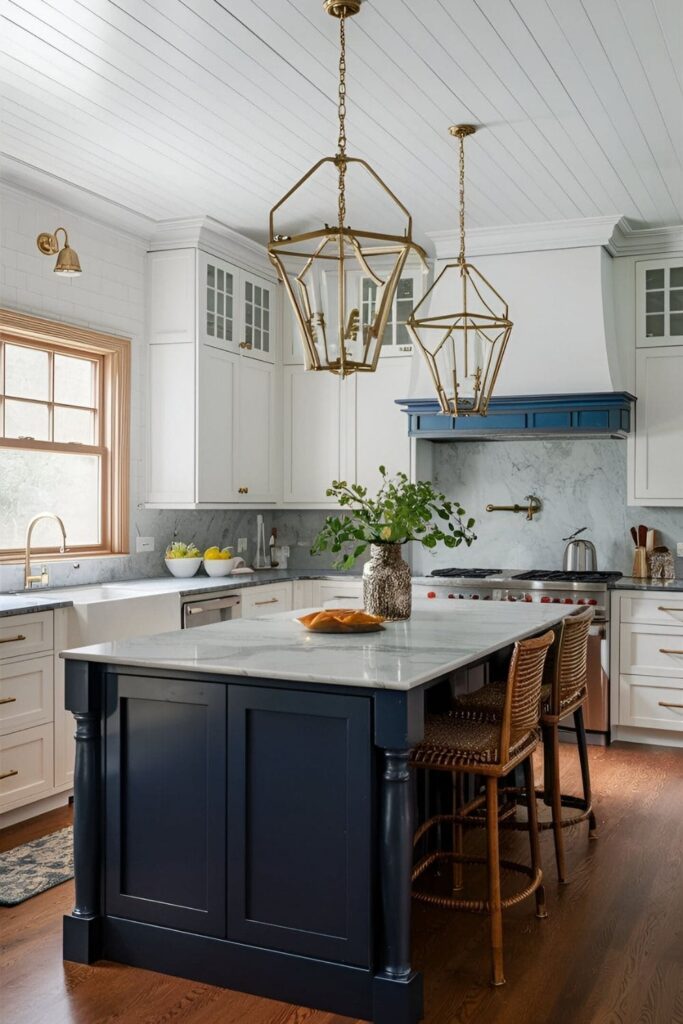 Spacious kitchen with white cabinets and navy blue kitchen island