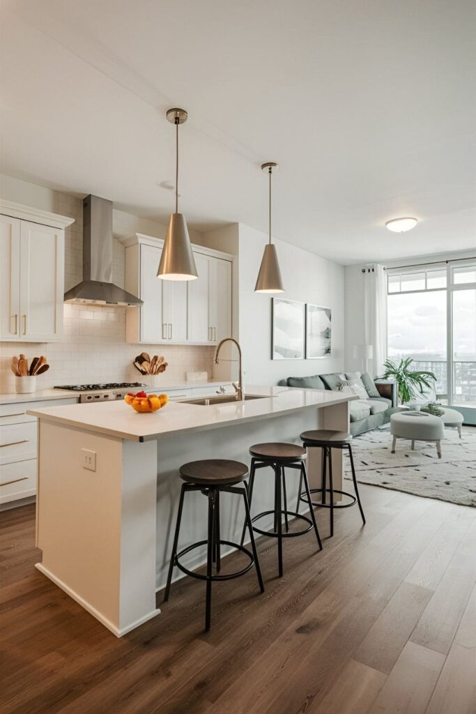 Spacious kitchen with white cabinets and open floor plan integrating dining and living areas