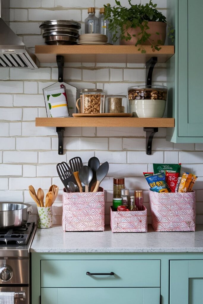 Stylish cardboard boxes covered in matching fabric or wrapping paper, neatly organizing utensils, spices, and snacks on a kitchen counter