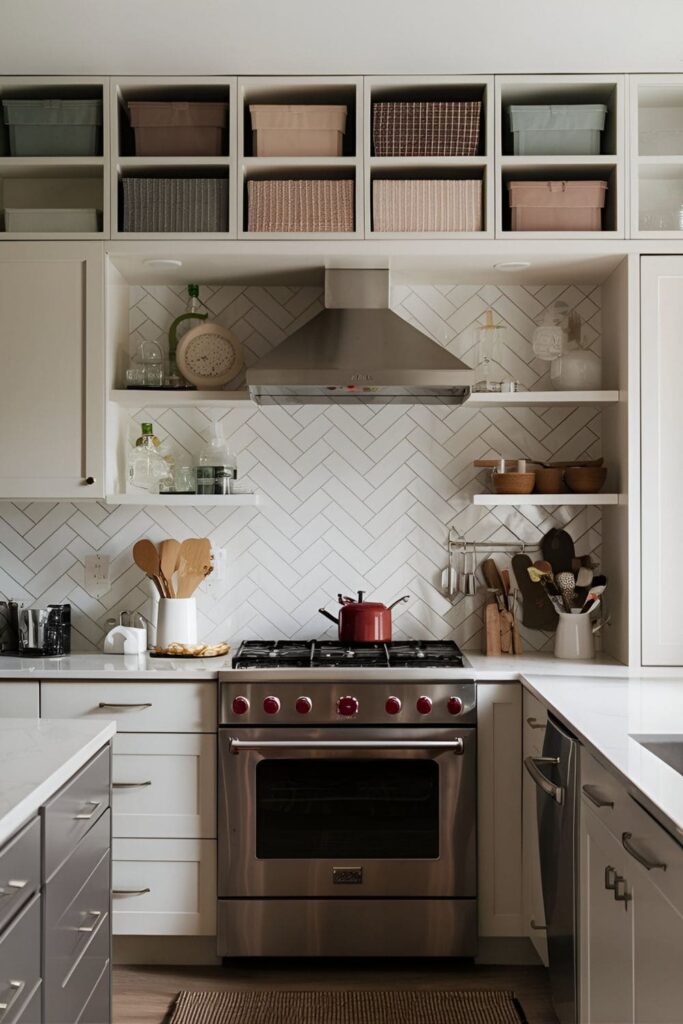 Stylish decorative boxes in coordinating colors placed above kitchen cabinets, hiding clutter and enhancing decor