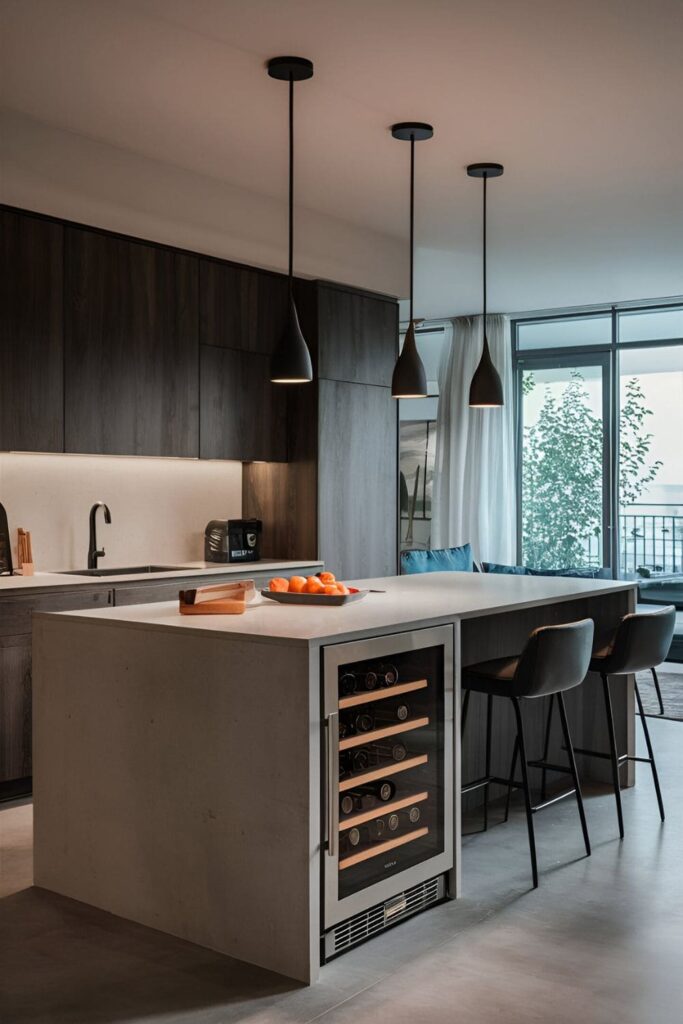 Stylish kitchen island with built-in microwave and wine fridge, seamlessly integrated for a minimalist look