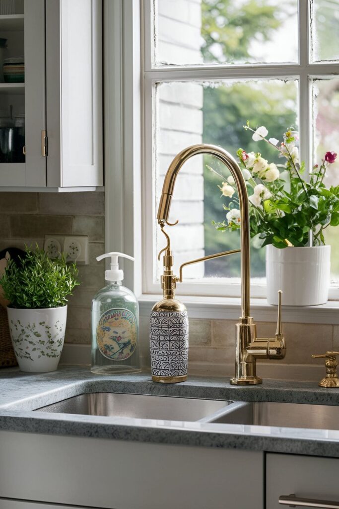 Stylish kitchen sink area featuring a unique soap dispenser with a touch of elegance or whimsy