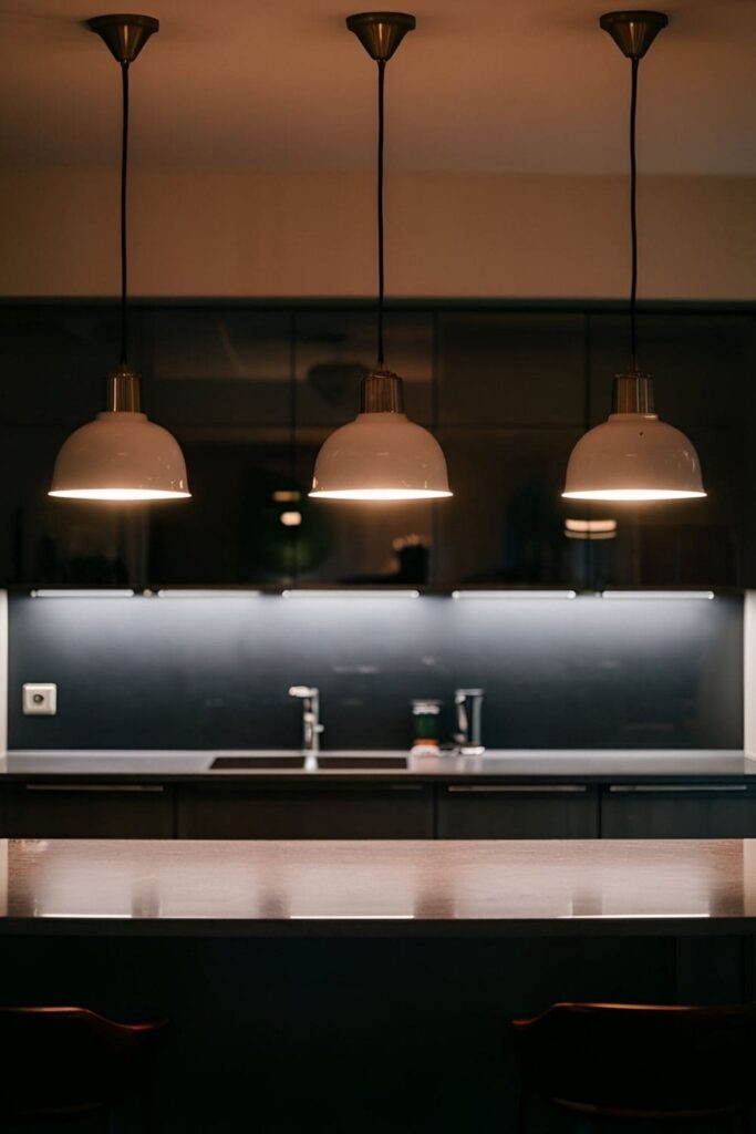 Stylish kitchen with a breakfast bar illuminated by pendant lights creating a focal point and enhancing the overall ambiance