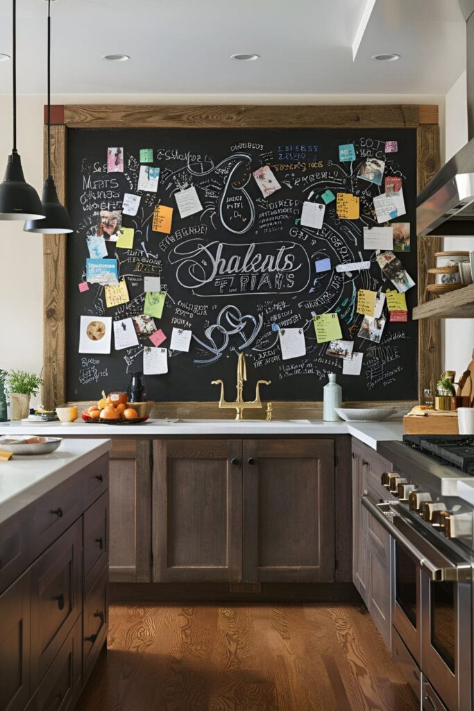 Stylish kitchen with a large magnetic chalkboard on the wall, covered with notes, recipes, photos, and small pieces of art, framed in rustic wood