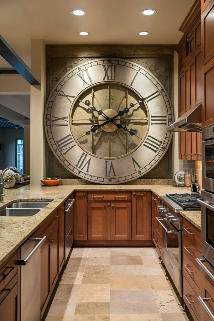 Stylish kitchen with a large wall clock as a focal point, its design complementing the decor, adding practicality and beauty