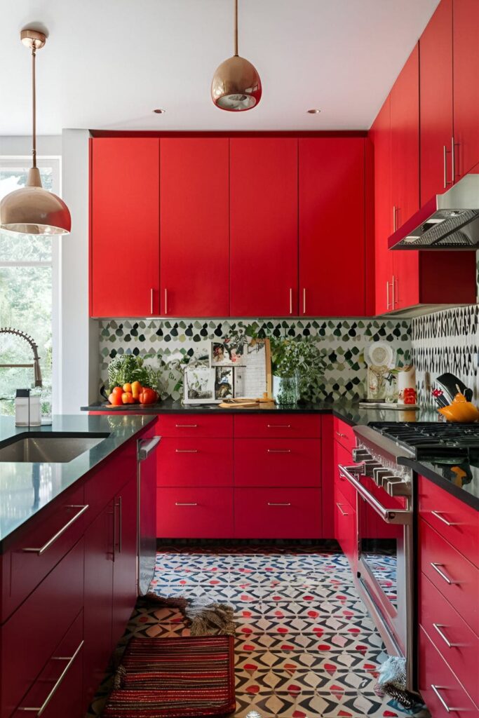 Stylish kitchen with bright red cabinets, black countertops, and stainless steel appliances