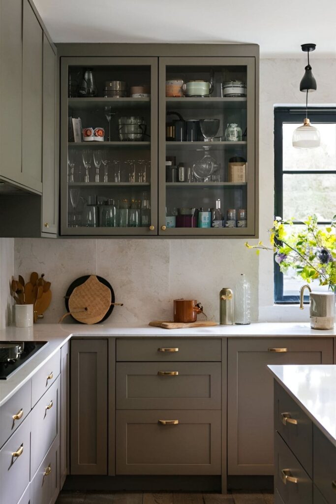 Stylish kitchen with grey cabinets and distinctive brass handles and knobs, featuring unique shapes and finishes