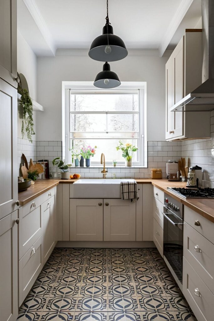 Stylish kitchen with white cabinets and black and white geometric floor tiles