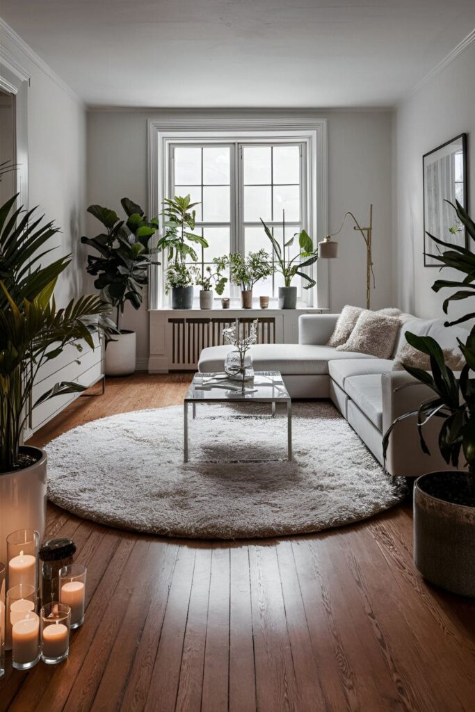 Stylish living room with hardwood floors and a soft area rug, making the space warm and inviting