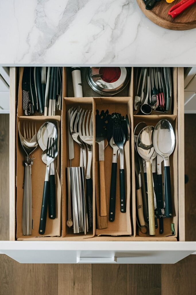 The inside of a kitchen drawer organized with custom cardboard dividers, neatly separating utensils, tools, and other items