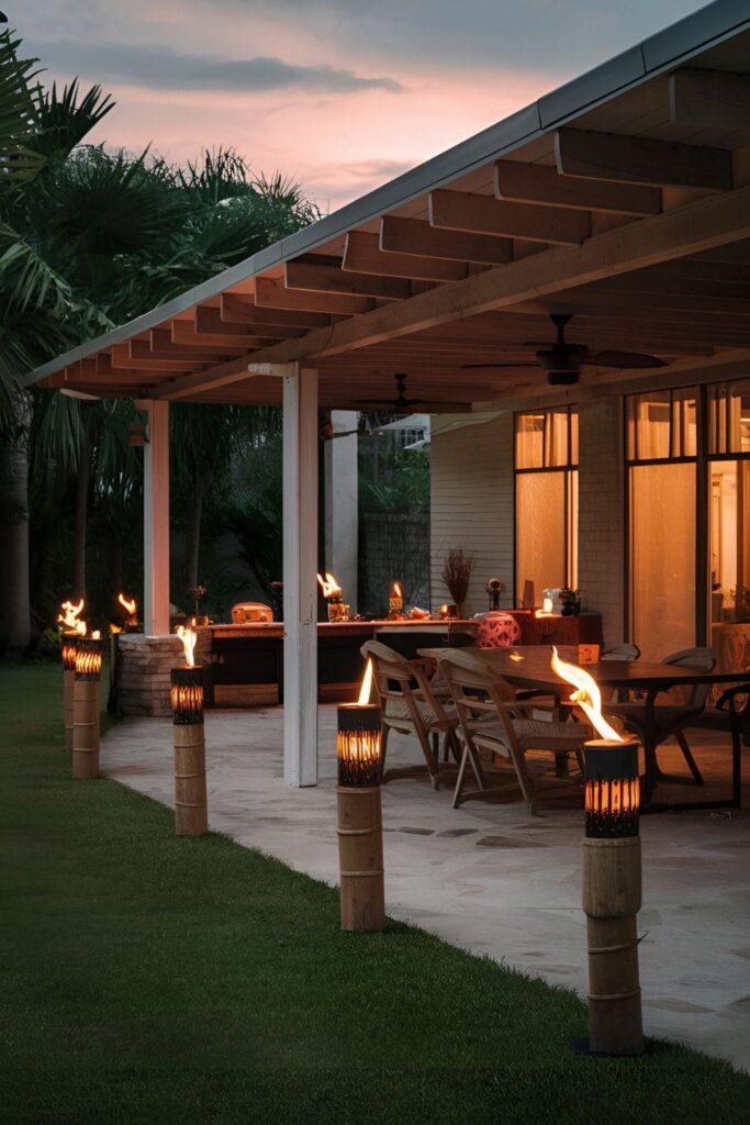 Tiki torches arranged around the perimeter of a patio, providing lighting and a tropical vibe, with citronella oil keeping bugs away during an evening gathering