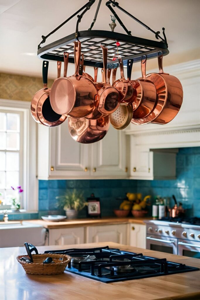 Traditional kitchen with a ceiling-mounted pot rack holding copper pots and pans, serving as an elegant focal point