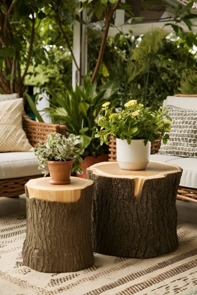 Tree stumps repurposed into rustic tables, sanded and sealed, used as side tables and plant stands on a natural, earthy patio