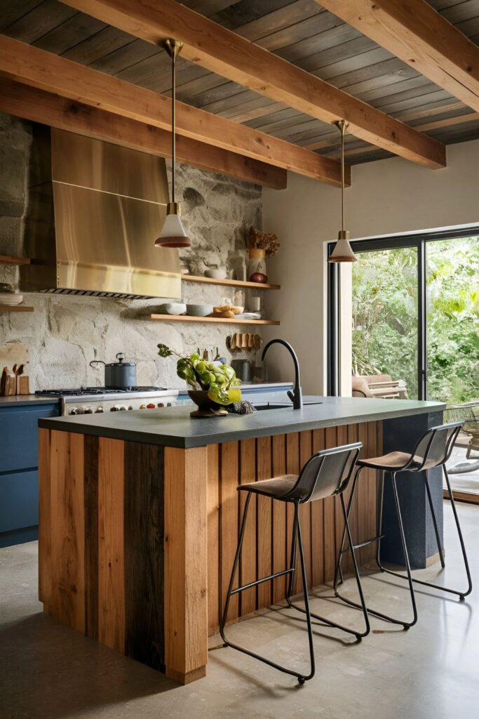 Unique kitchen island combining wood, metal, and stone textures for a visually interesting design