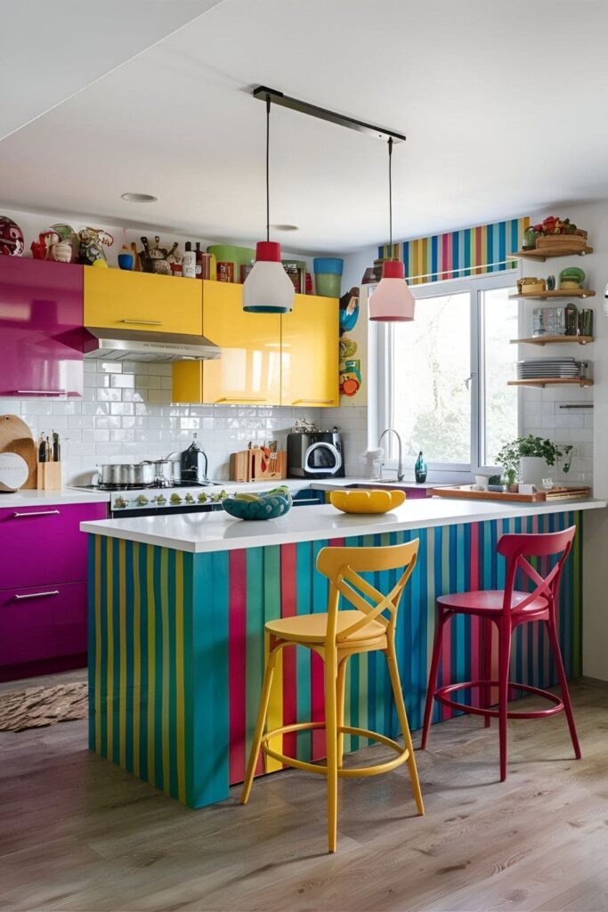 Vibrant kitchen with a breakfast bar in bold colors or playful patterns adding personality and standing out in the space