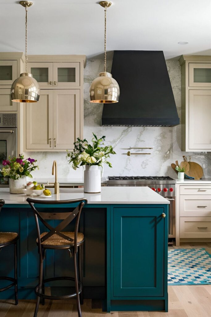 Vibrant kitchen with a teal island, contrasting with neutral cabinets, creating a striking focal point