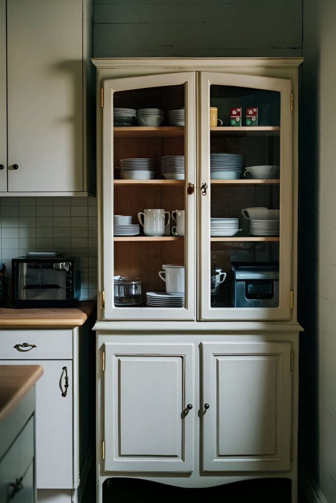 Vintage-style kitchen with a freestanding pantry cupboard featuring glass doors, displaying neatly arranged dishes and small appliances