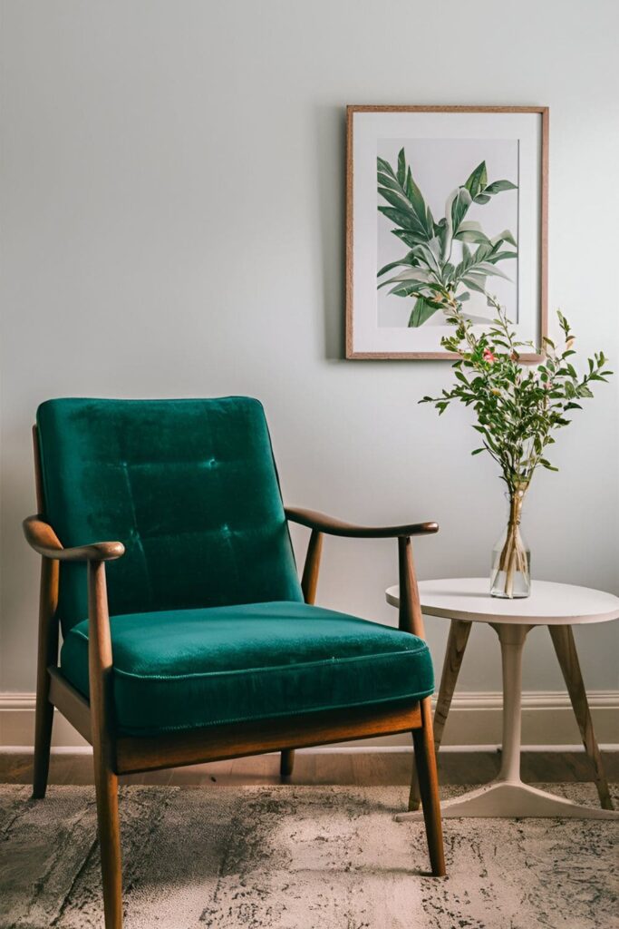 Vintage wooden armchair with reupholstered green velvet seat, next to a mid-century modern side table painted white