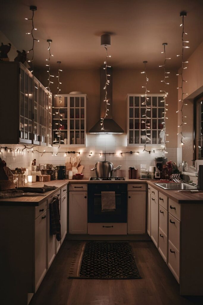 Warm kitchen illuminated by string lights hanging around, creating a magical and cozy ambiance