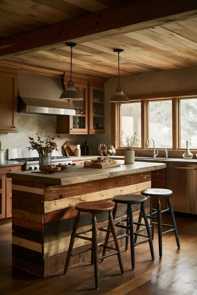 Warm rustic kitchen featuring a breakfast bar made of reclaimed wood vintage stools and a cozy inviting atmosphere