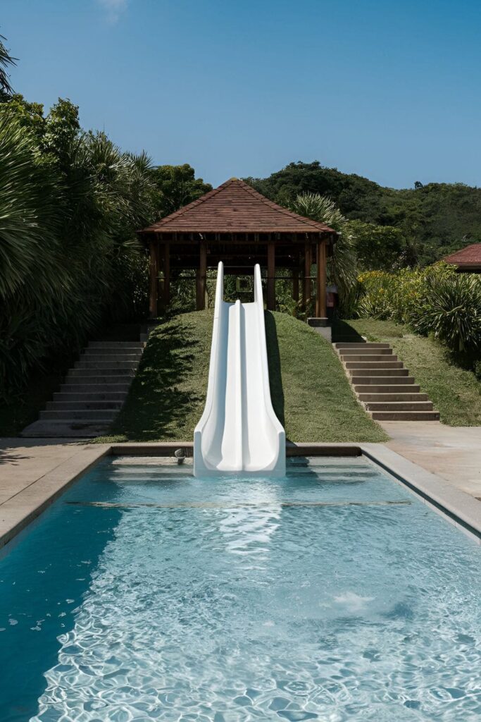 Water slide leading into a pool designed for families adding a fun and playful element to the pool area