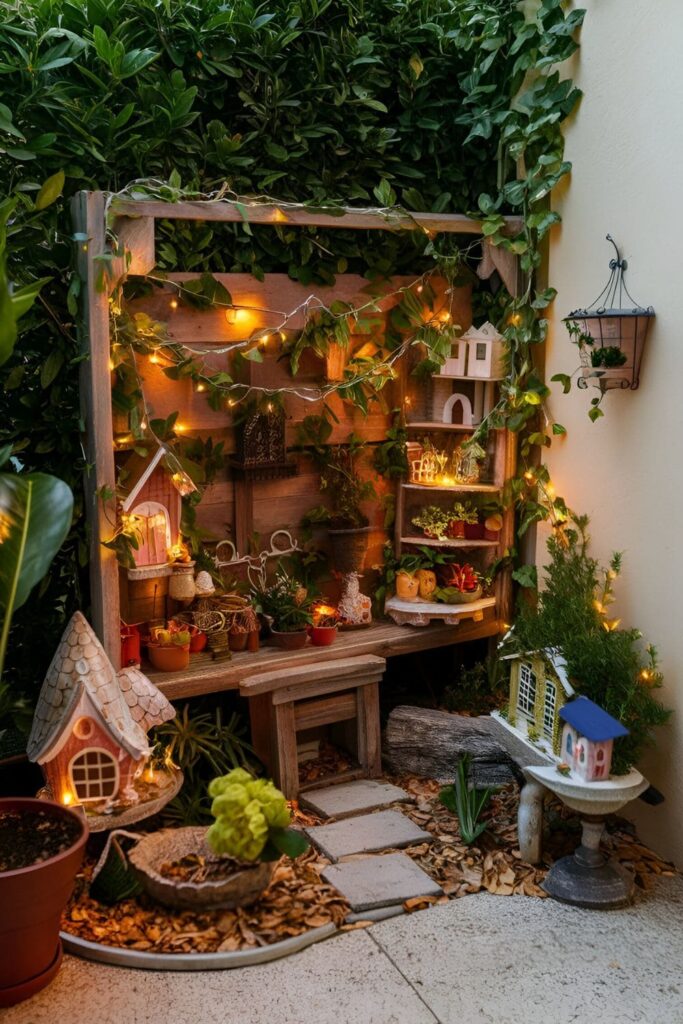 Whimsical fairy garden with miniature plants, fairy figurines, tiny houses, and decorative elements, set in a corner of the patio