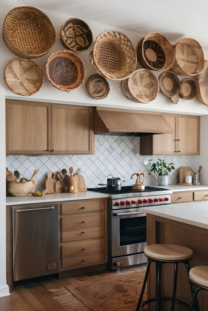 Woven baskets of different sizes placed above kitchen cabinets, adding a rustic and natural touch to the kitchen