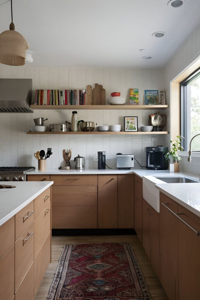 kitchen with low-level open shelves close to the countertops, holding frequently used items like cookbooks, small appliances, and utensils, enhancing both functionality and convenience