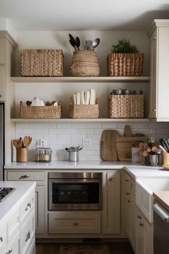 kitchen with open shelves featuring decorative baskets that store and organize items like utensils and napkins, adding texture and concealing clutter while combining style and functionality