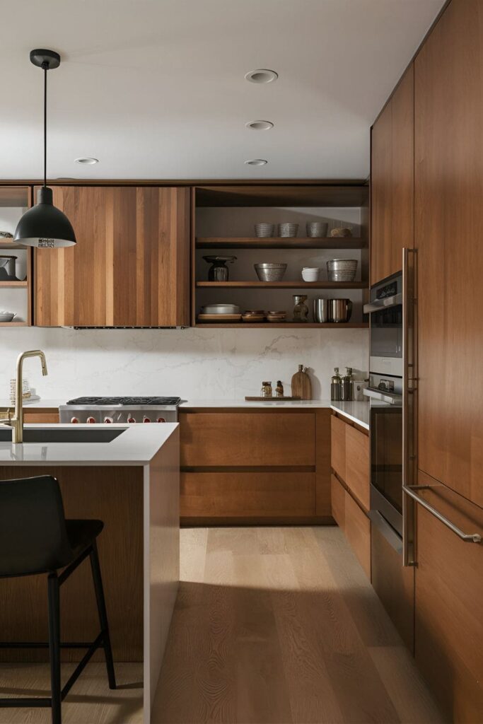 kitchen with open shelves that have sliding doors, allowing items to be concealed or revealed as needed, adding flexibility and a modern touch to the kitchen design