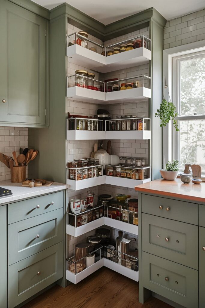 kitchen with tiered shelving units fitting into narrow gaps or corners, storing spices, jars, and small kitchen tools, adding dimension and efficiency to the storage space