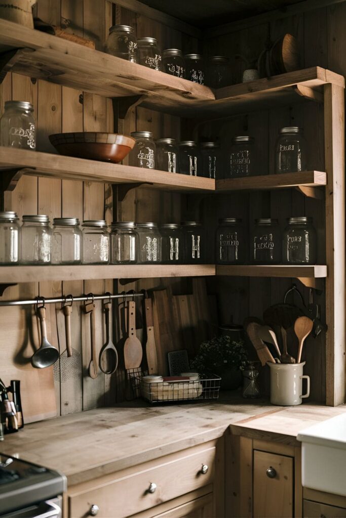 rustic kitchen featuring wooden open shelves filled with vintage kitchen tools and mason jars, creating a cozy, farmhouse-style atmosphere with a lived-in feel