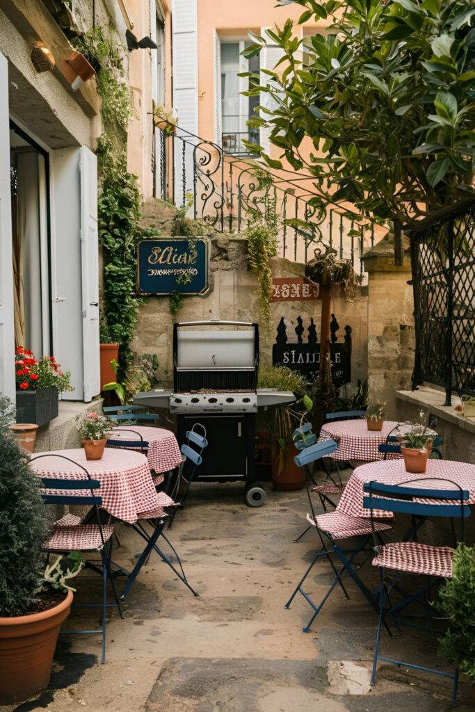 A French bistro patio with bistro tables, chairs, a classic charcoal grill, wrought iron furniture, checkered tablecloths, potted plants, and vintage signs