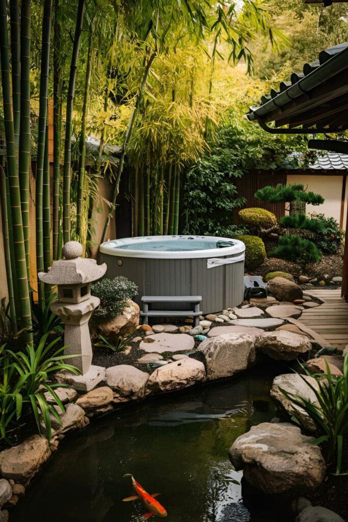 A Japanese-inspired garden with a hot tub, surrounded by bamboo, stone lanterns, and a koi pond, creating a serene and harmonious space