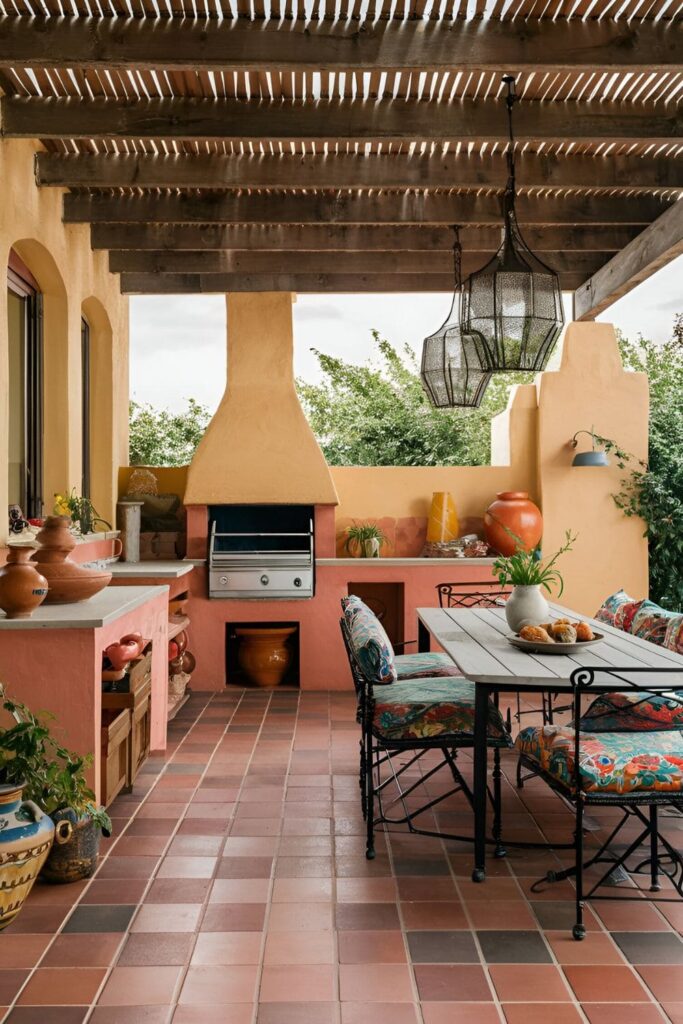 A Mediterranean-inspired patio with terracotta tiles, a clay grill, colorful cushions, ceramic pots, and a wooden or wrought-iron dining set