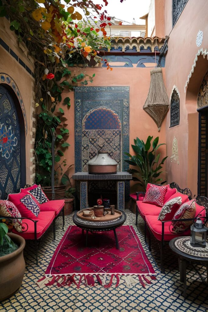 A Moroccan-inspired patio with vibrant colors, intricate patterns, mosaic tiles, wrought iron furniture, a tagine grill, cushions, lanterns, and rugs