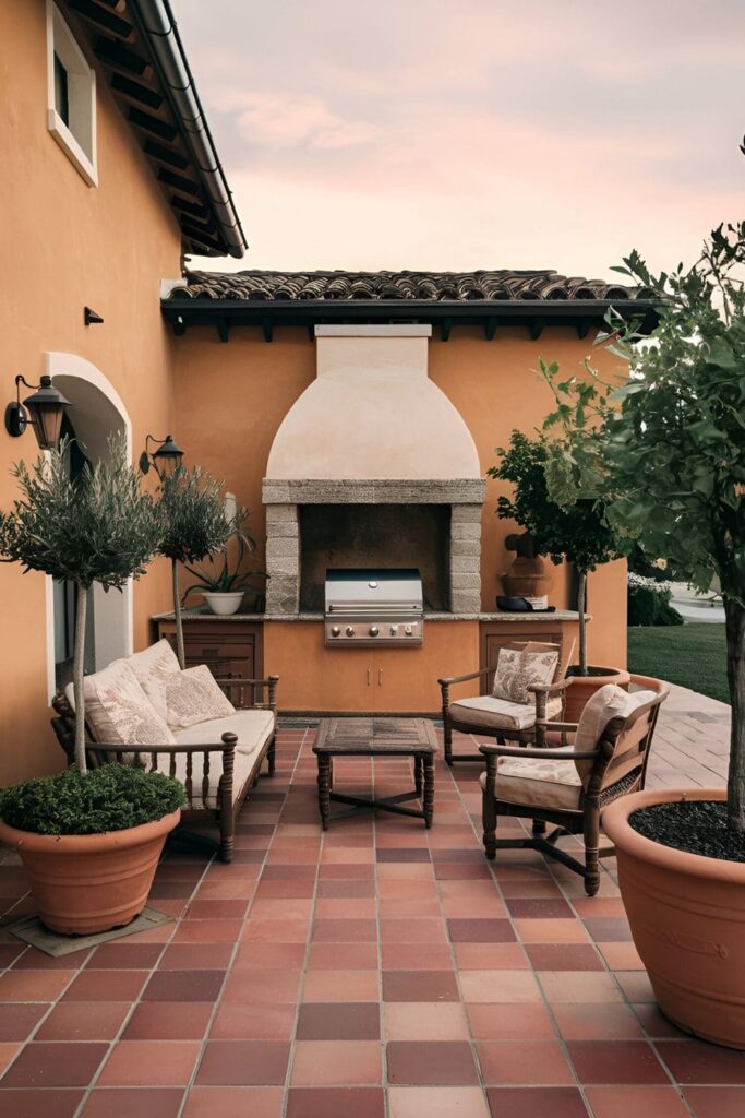 A Tuscan-inspired patio with warm, earthy tones, terracotta tiles, rustic wooden furniture, a built-in grill with a stone surround, and potted olive trees and grapevines