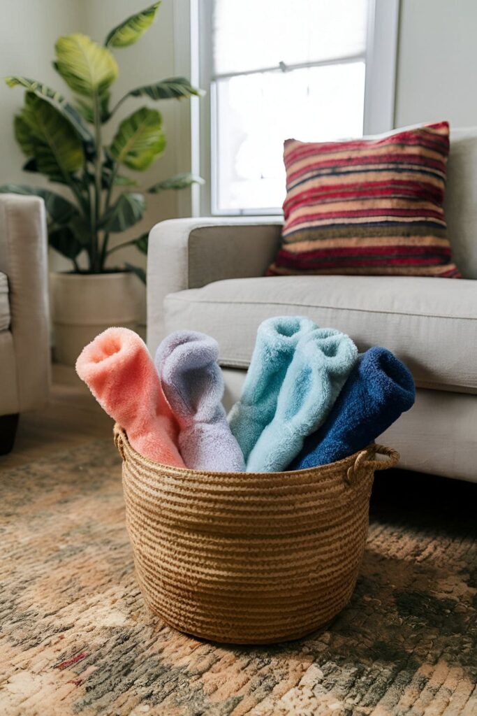 A basket of colorful, soft slipper socks placed in a welcoming spot in the living room, ready for guests