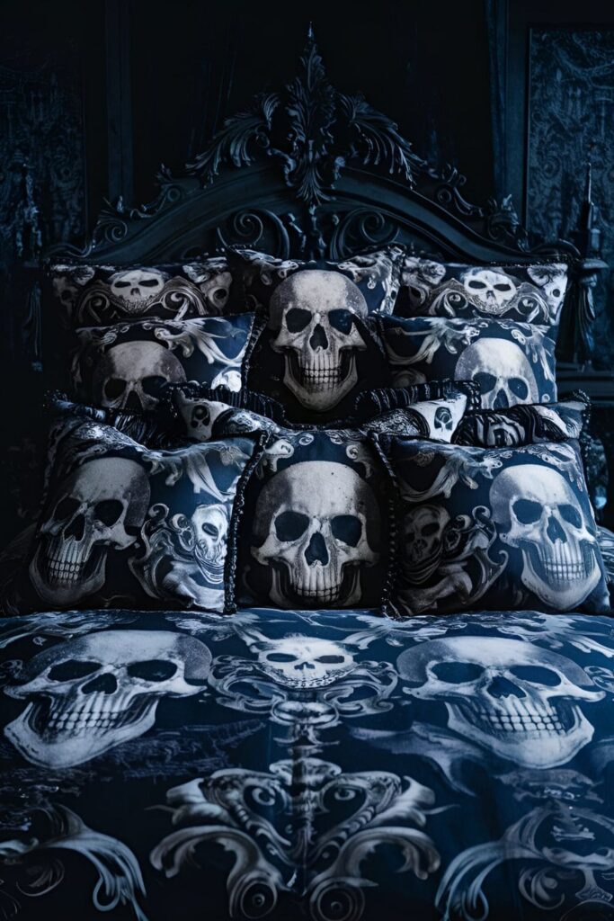 A bed in a gothic bedroom decorated with pillows featuring skulls, bats, and baroque patterns in various sizes and shapes