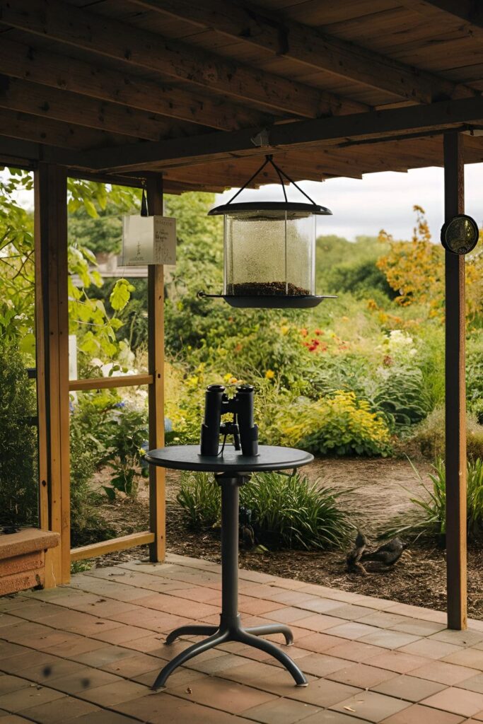 A birdwatching station with a bird feeder and binoculars on a patio, overlooking a garden with various bird species