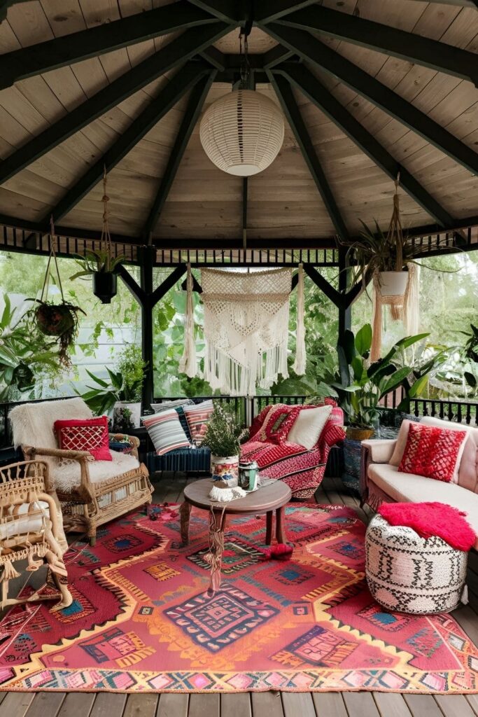 A bohemian-style gazebo adorned with colorful textiles, patterned rugs, eclectic furniture, hanging plants, and macramé decor