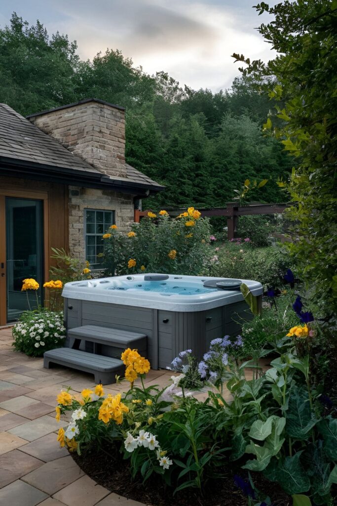 A butterfly garden around a hot tub, with flowers that attract butterflies, adding life and movement to the patio space