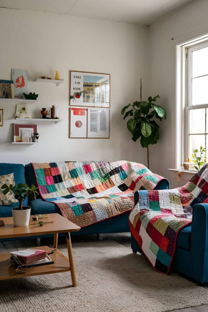 A charming living room with patchwork quilts draped over sofas and chairs, adding color and a handmade touch