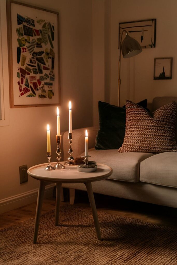 A cozy corner of a living room with a group of candles of varying heights, creating a warm and glowing ambiance